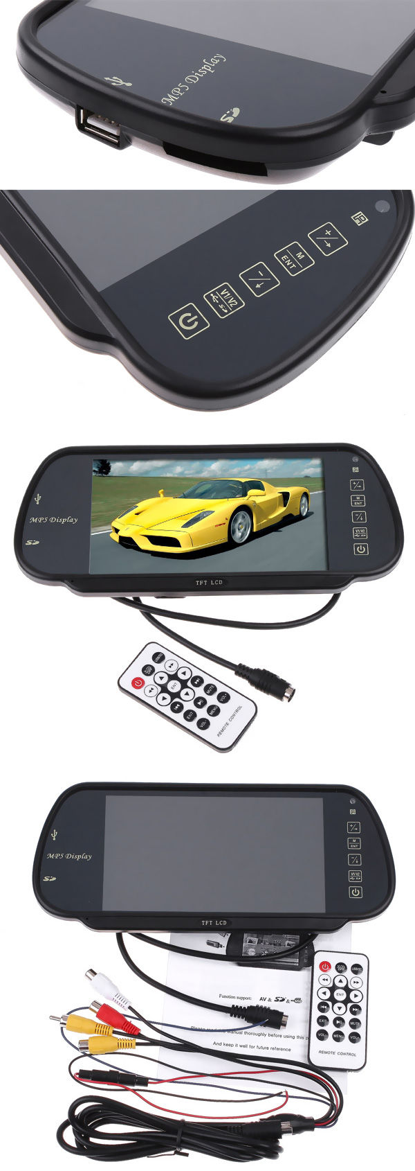 7インチTFT液晶カラーmp5自動車用バックミラー／モニターSD／USB FM